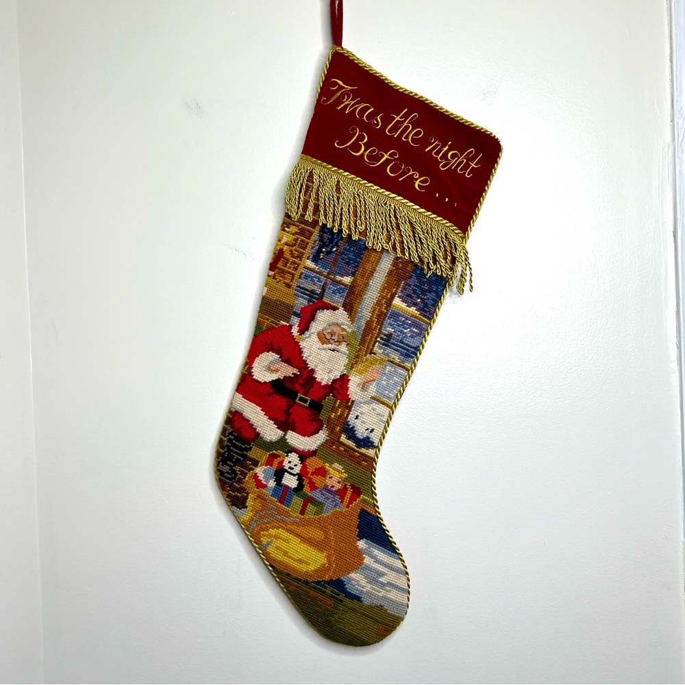VTG Red Velvet Wool Needlepoint Christmas Stocking Santa Presents Twas the night